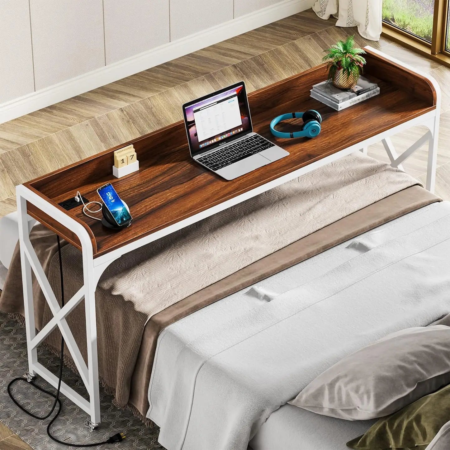 Over Bed Table with Wheels, 70.8". Outlet & USB