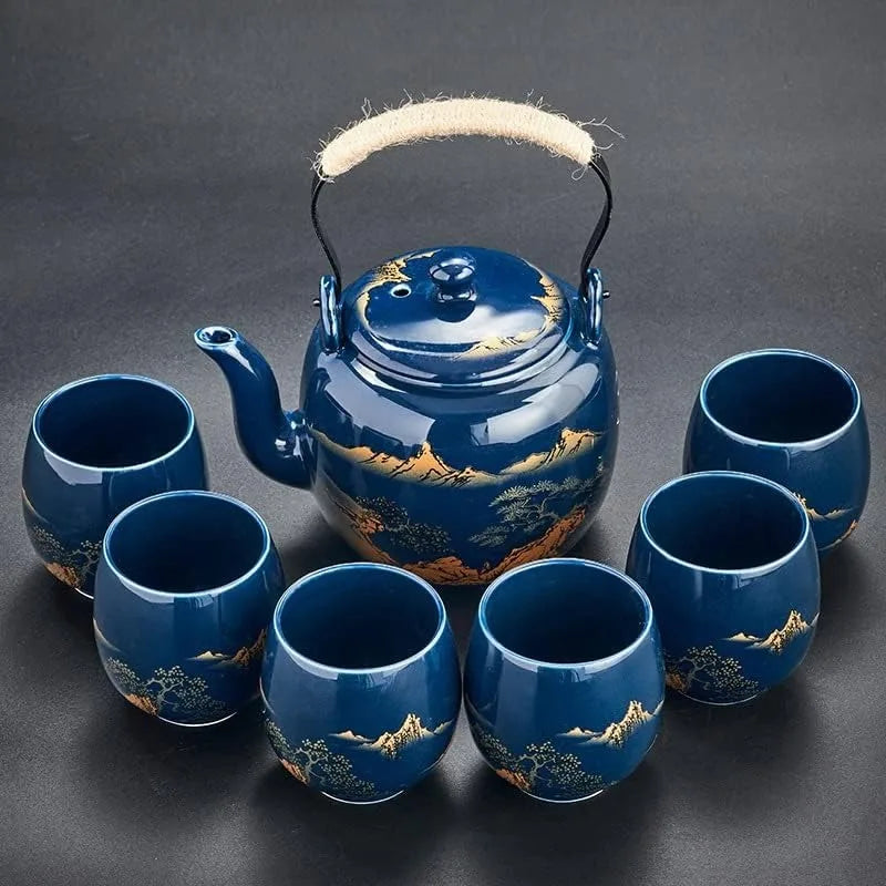 Glazed Tea Set  - Teapot, Strainer, Tray, 6 Cups Incl