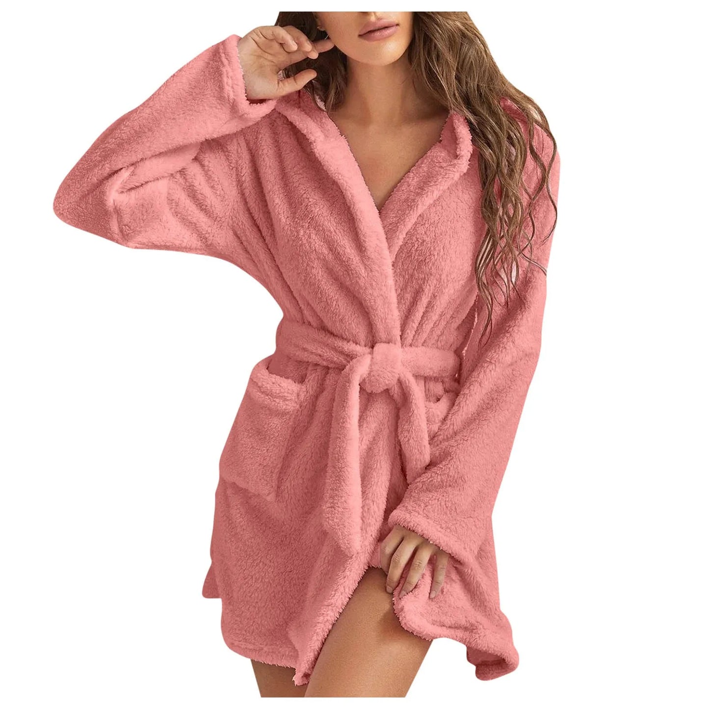 Short Plush Hooded Bathrobe with Pockets