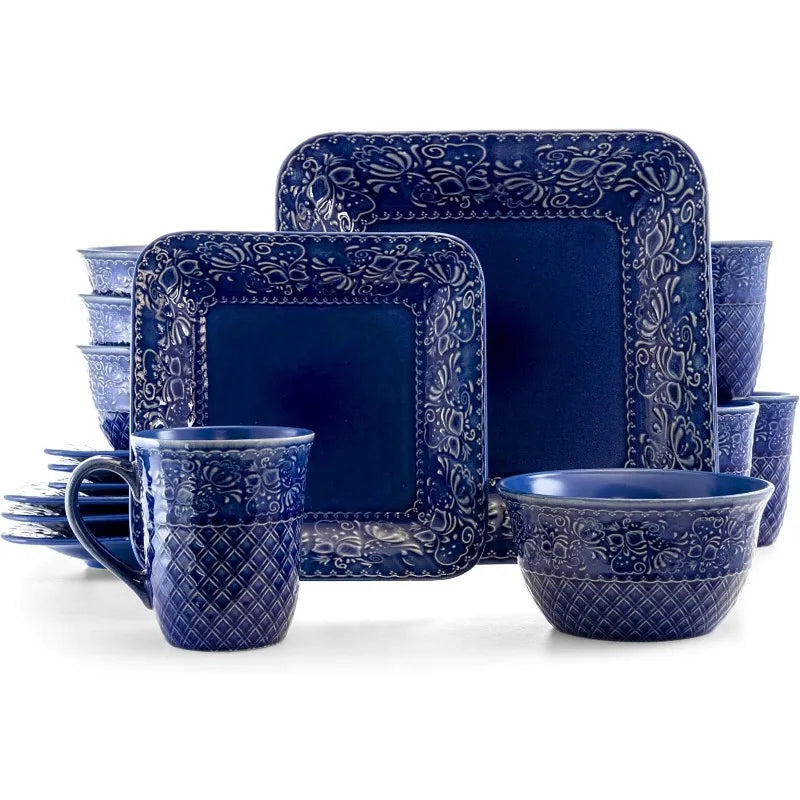 Square Embossed Stoneware Dish Set, 16 Piece