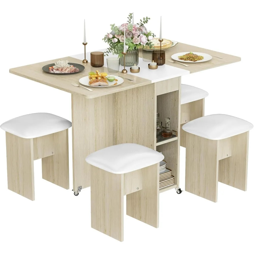 Folding Wheeled Dining Table with Chairs, 4-person