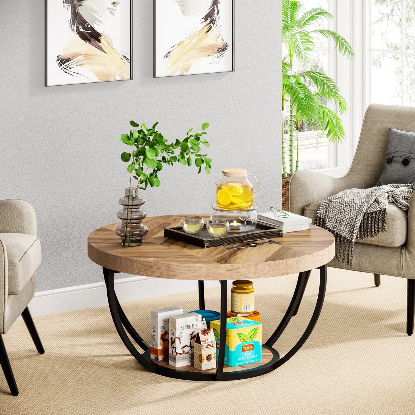 Industrial 2-Tier Round Coffee Table, 31.7"