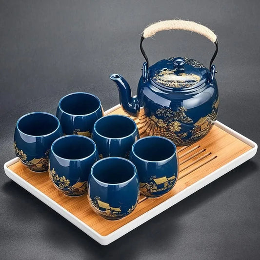 Glazed Tea Set  - Teapot, Strainer, Tray, 6 Cups Incl