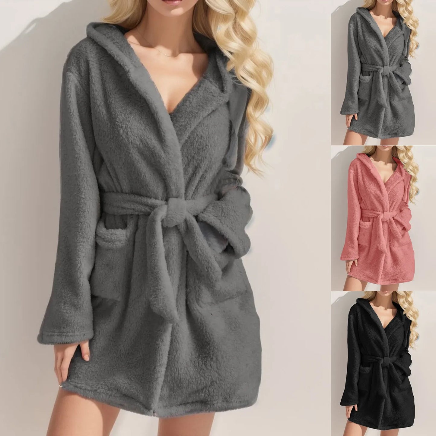 Short Plush Hooded Bathrobe with Pockets