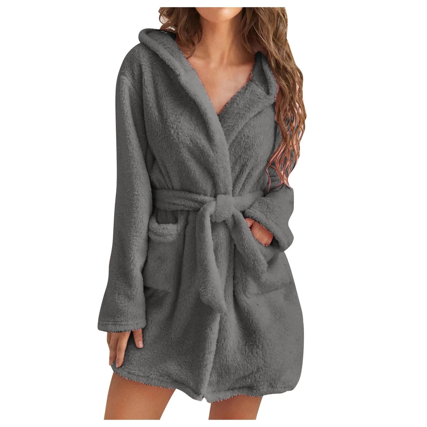 Short Plush Hooded Bathrobe with Pockets