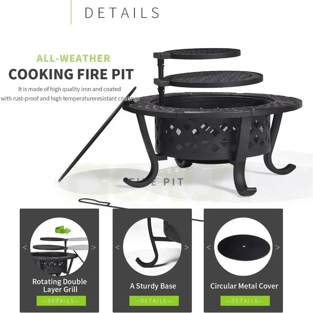 Outdoor Wood Burning Fire Pit, 36" with Grill Plates