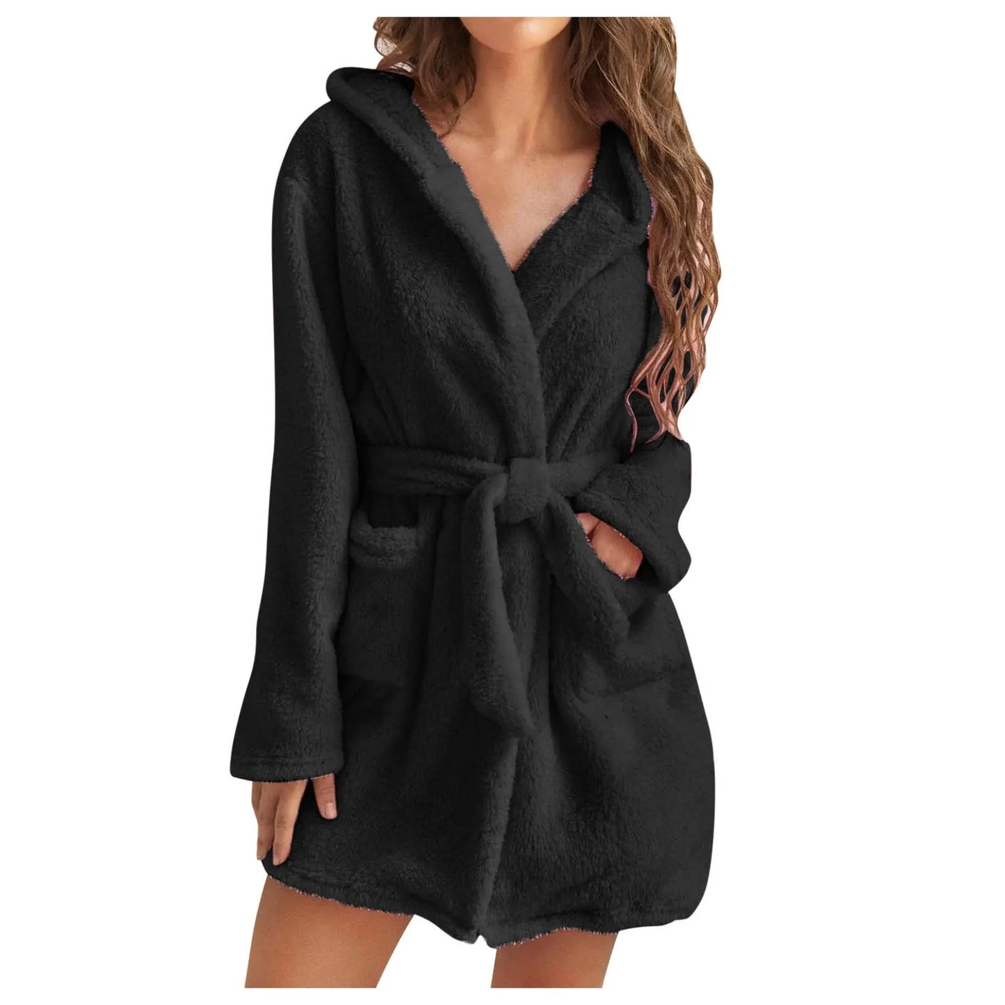 Short Plush Hooded Bathrobe with Pockets