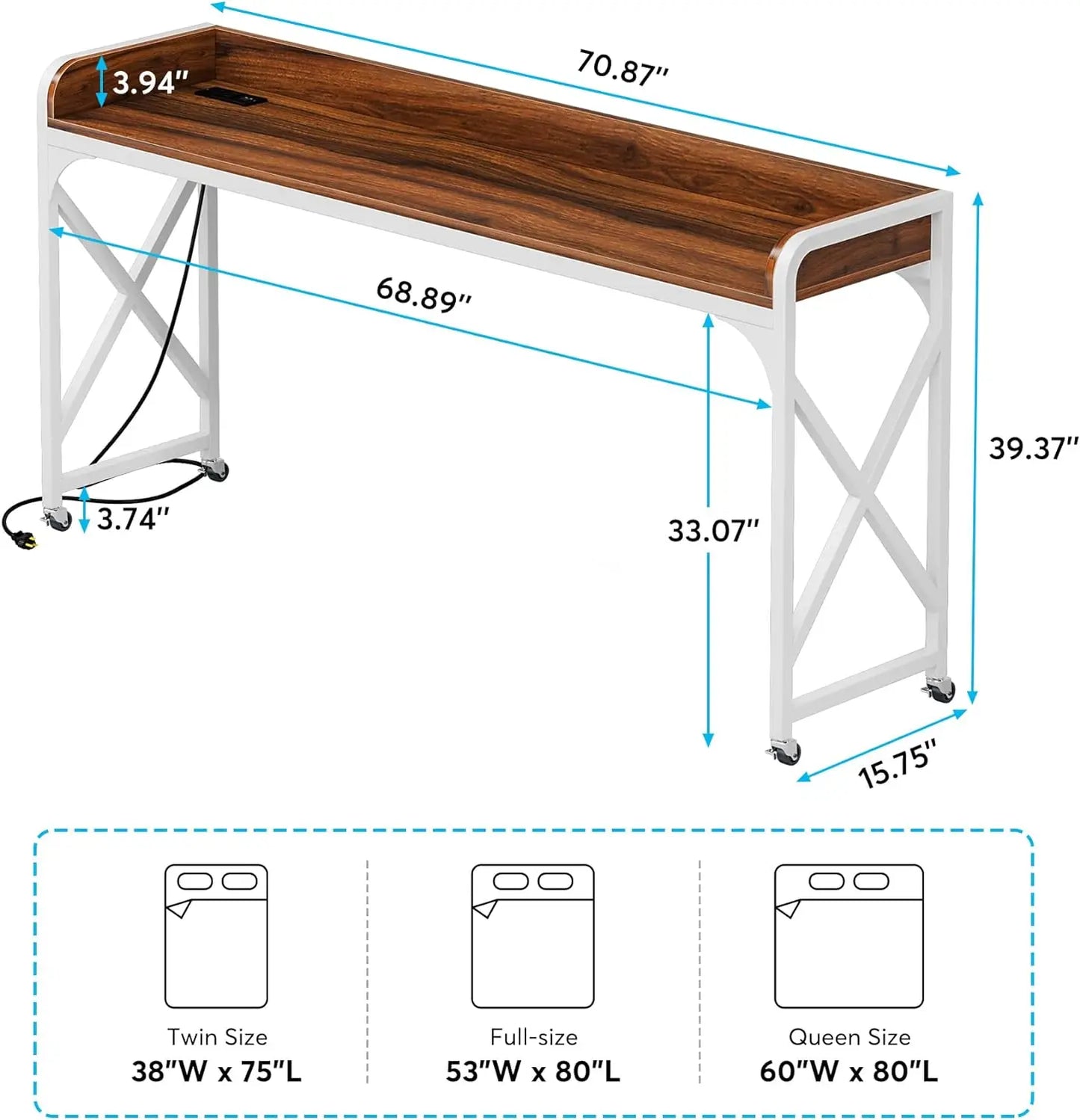 Over Bed Table with Wheels, 70.8". Outlet & USB