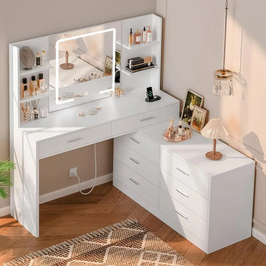 Corner Makeup Vanity, LED Lighted Mirror