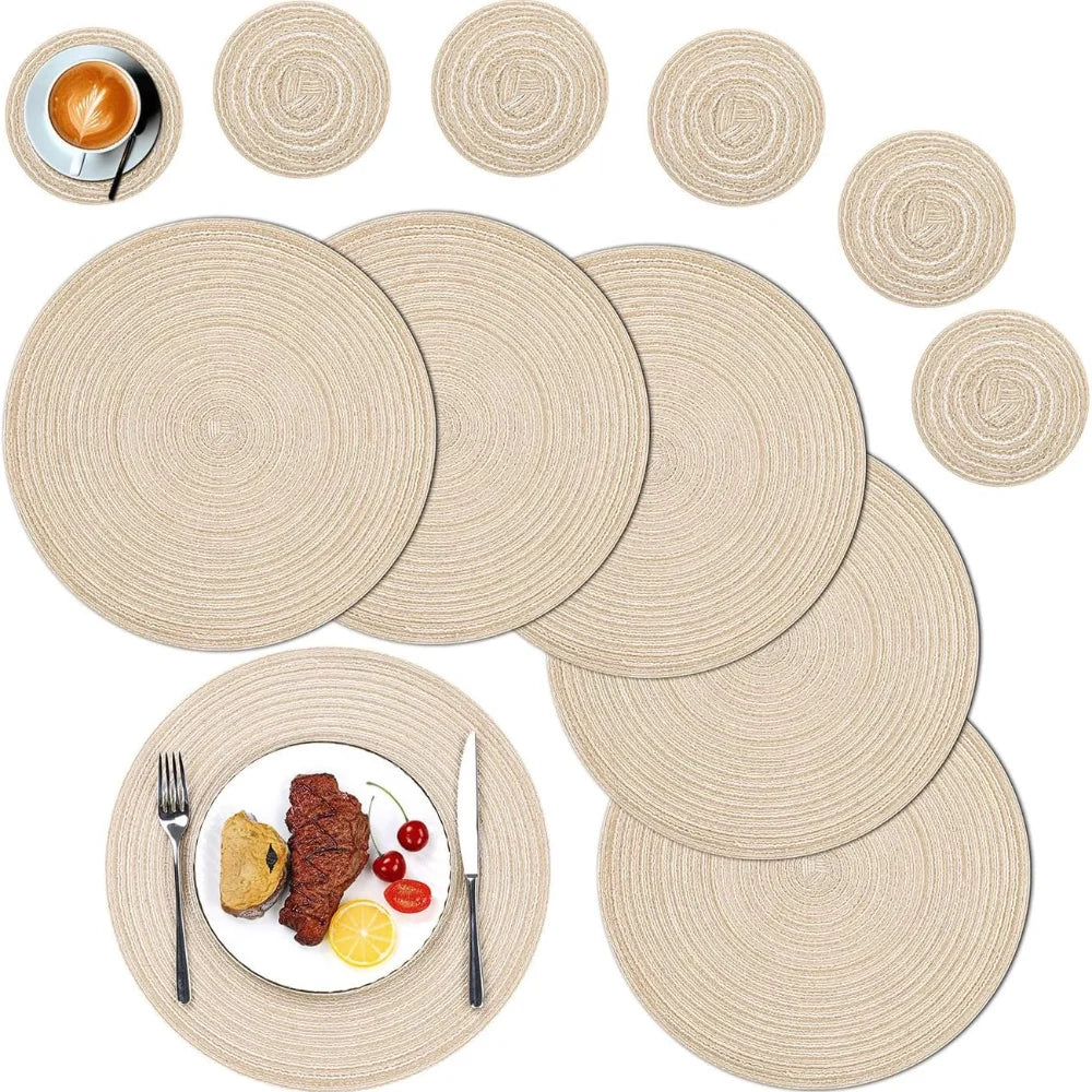 Braided Woven Round Placemats with Coasters, Set of 6