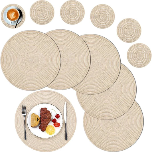 Braided Woven Round Placemats with Coasters, Set of 6