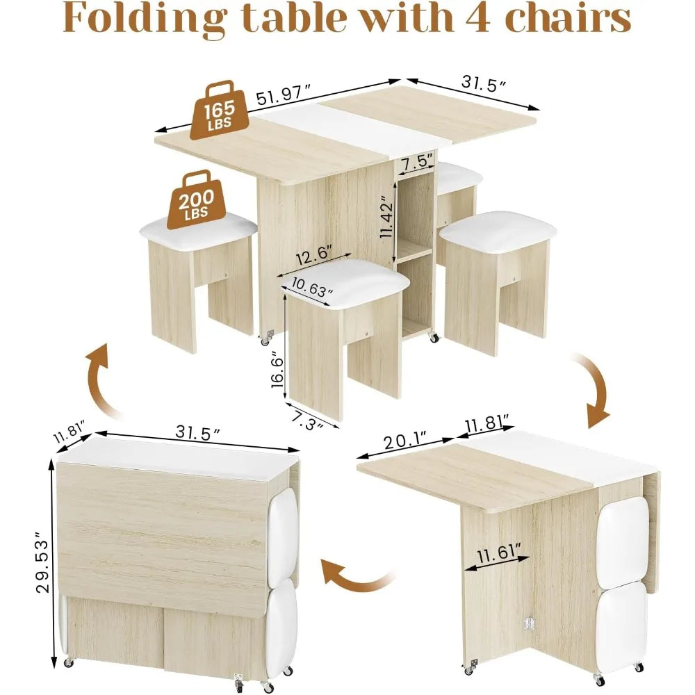 Folding Wheeled Dining Table with Chairs, 4-person