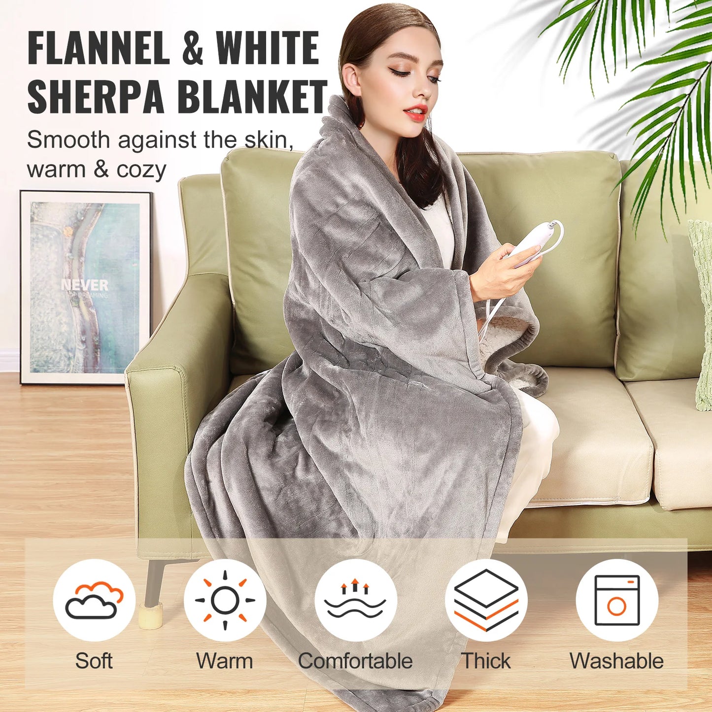 Flannel Heated Blanket, 5 Levels with Timer