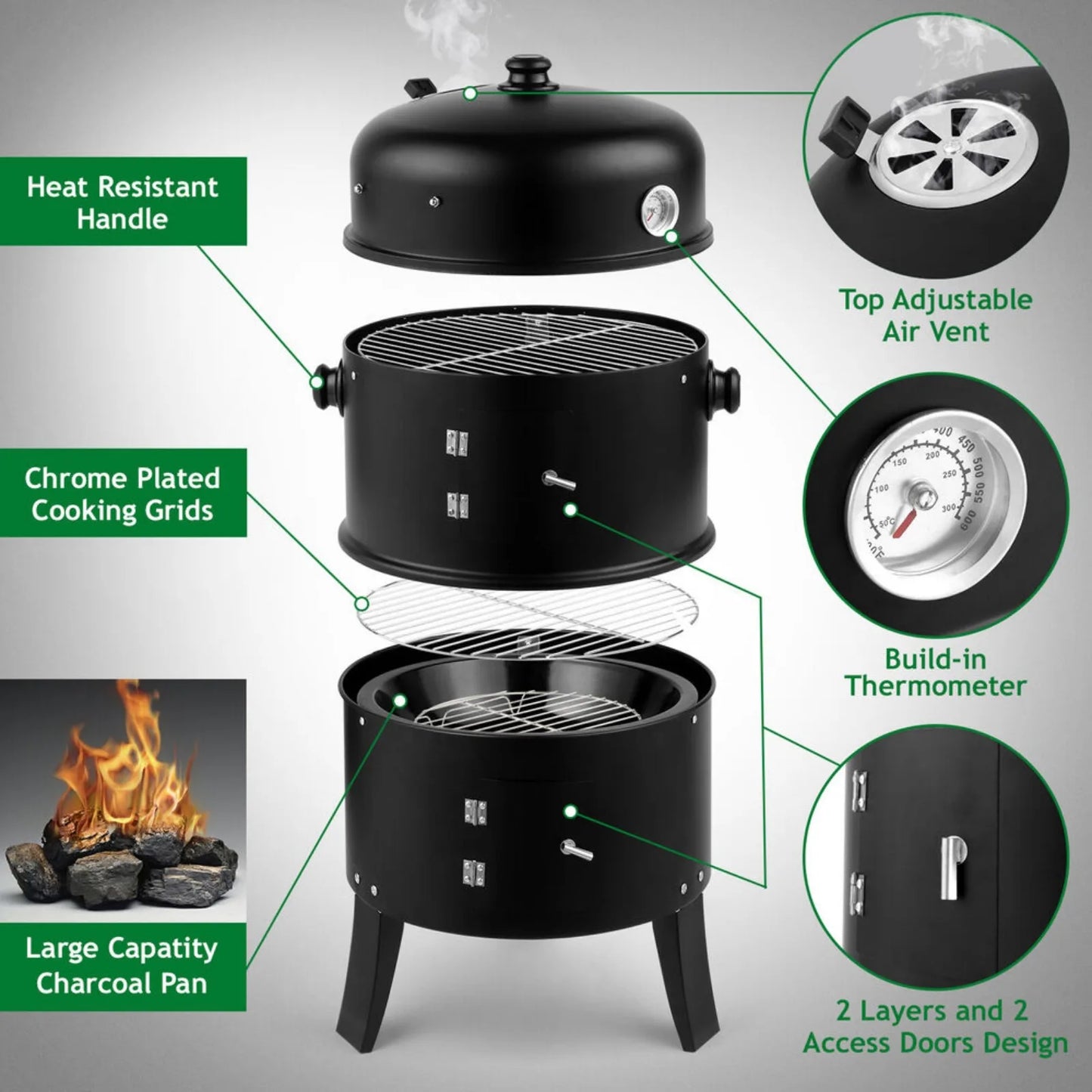 3 in1 Charcoal Smoker Grill