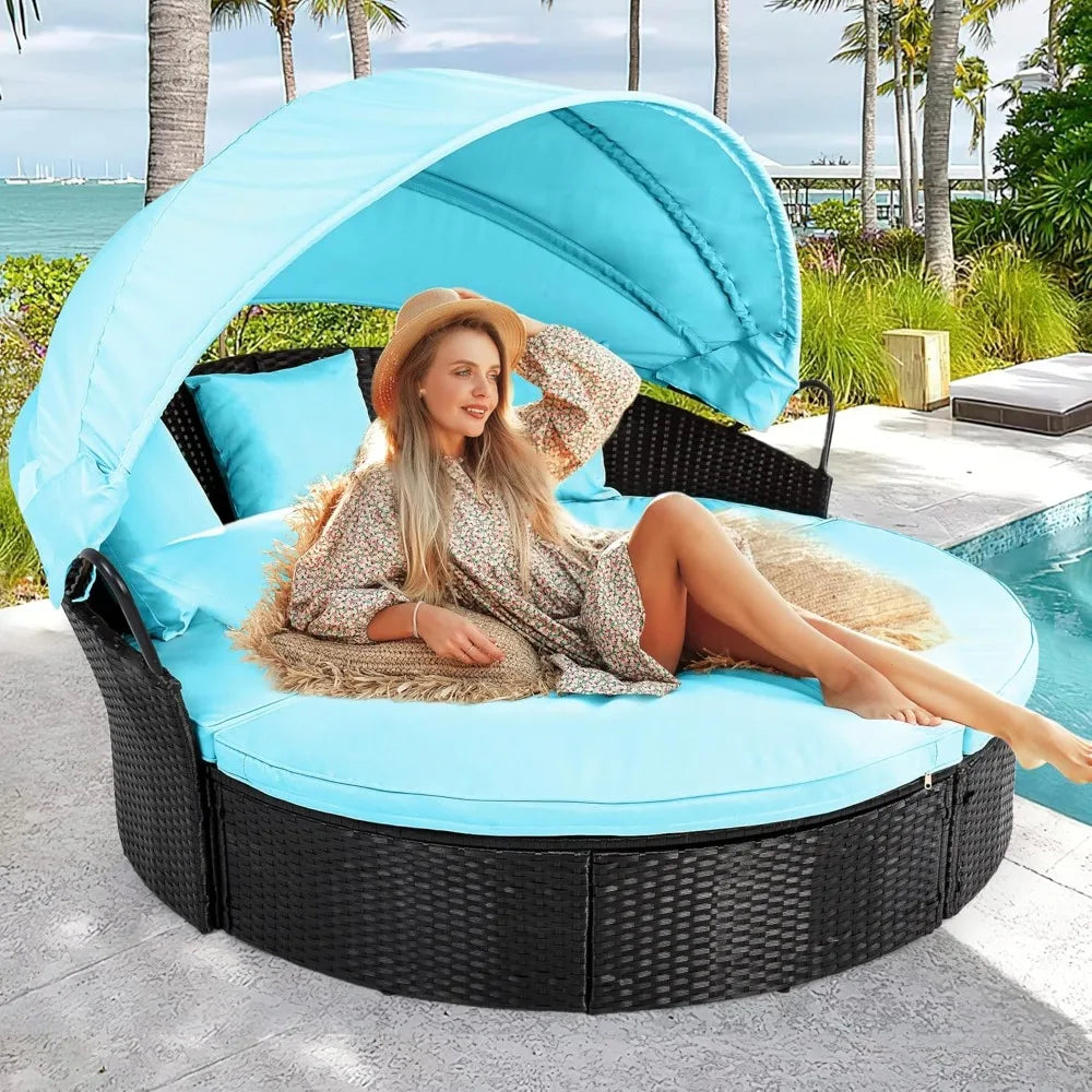 Round Rattan Outdoor Daybed with Retractable Canopy