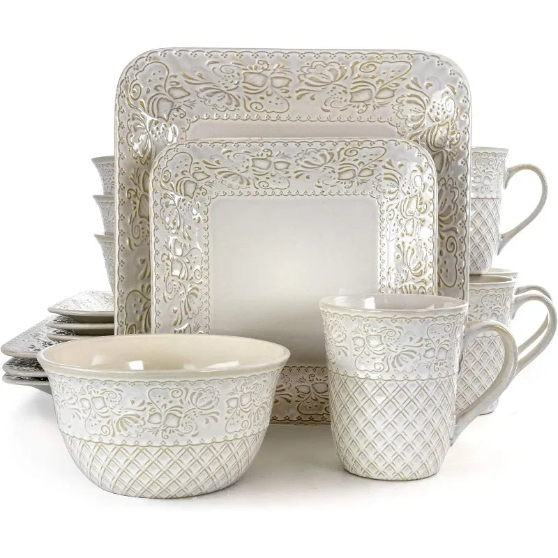 Square Embossed Stoneware Dish Set, 16 Piece