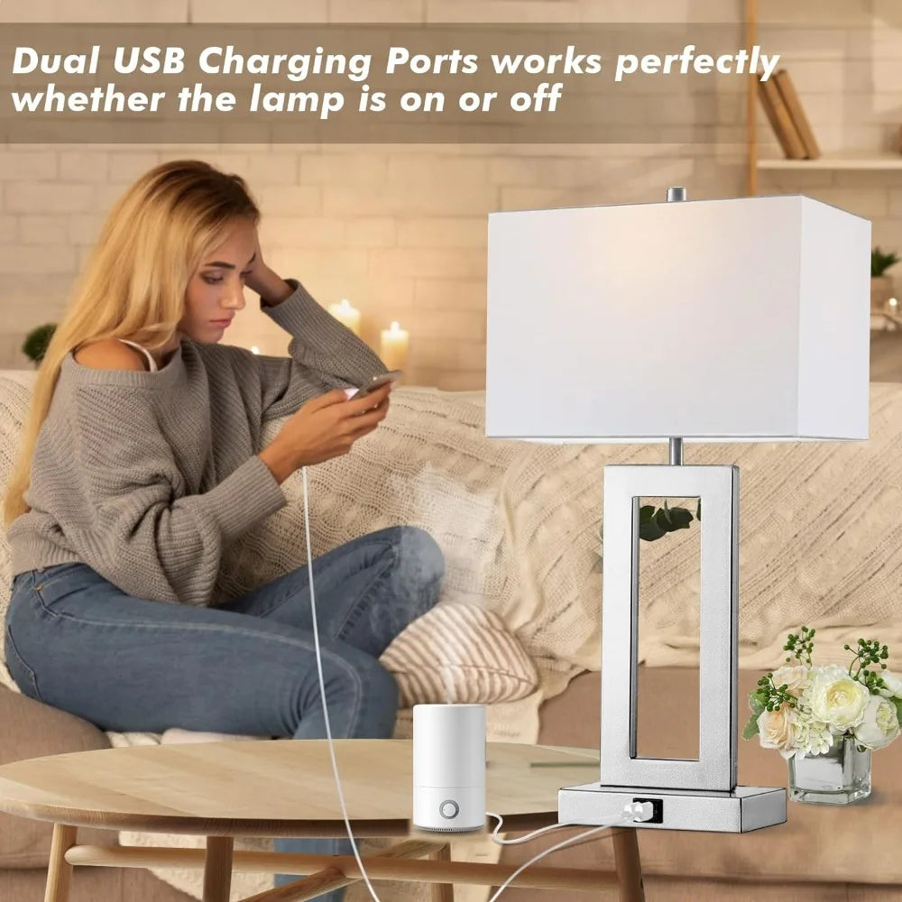 3-Way Dimmable Lamps, Set of 2 with Dual USB Ports