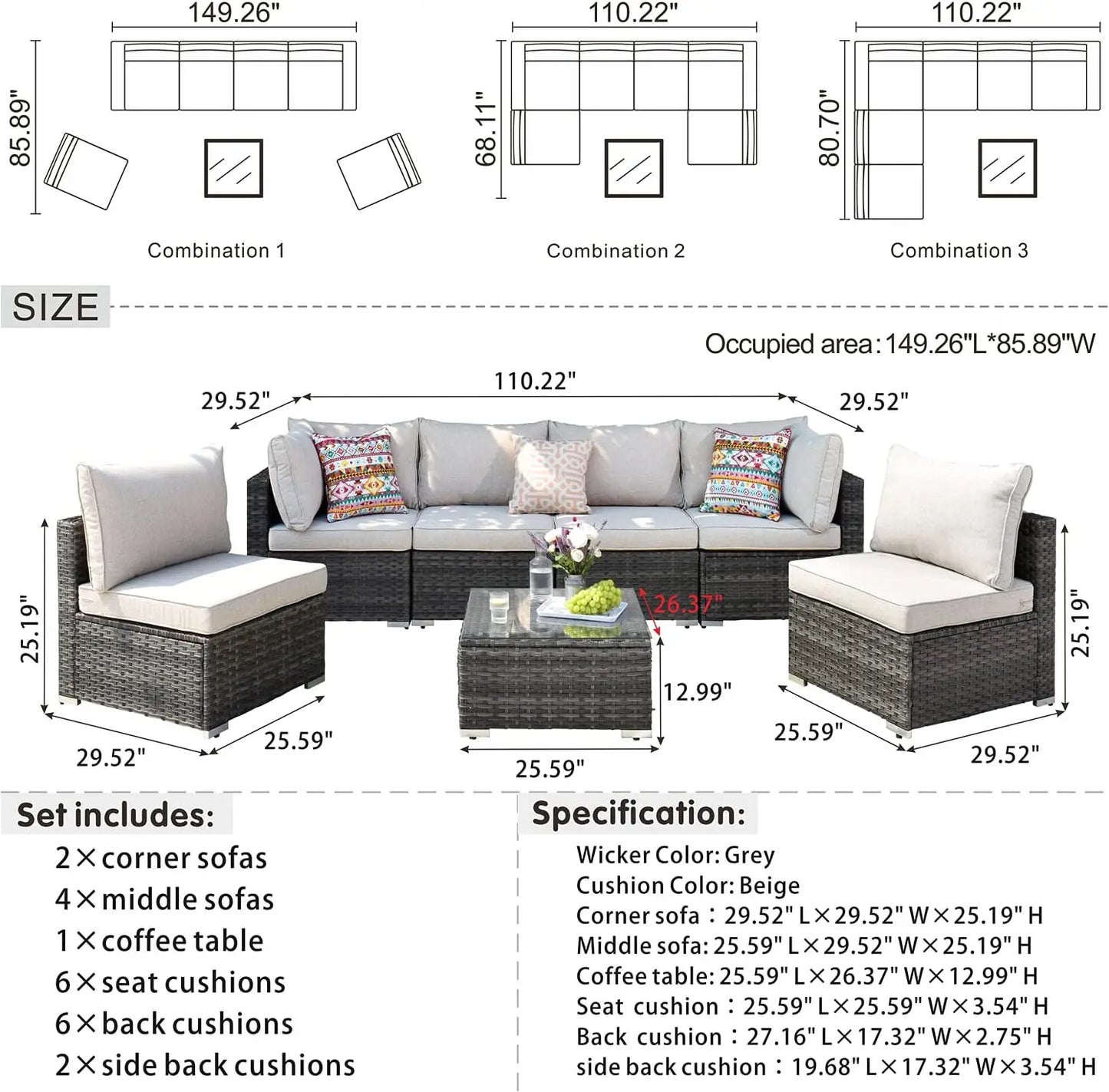 Wicker Outdoor Sectional Sofa Set with Coffee Table