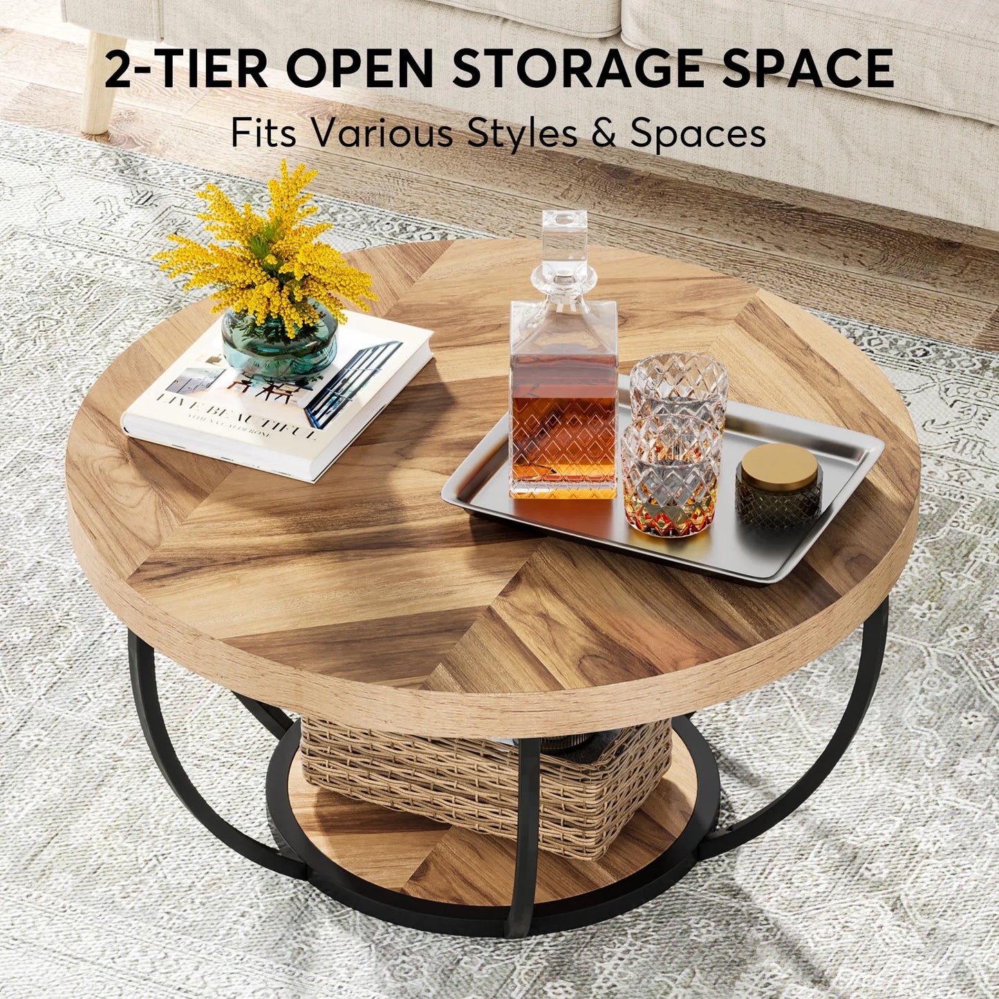 Industrial 2-Tier Round Coffee Table, 31.7"