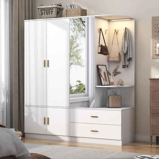 Wardrobe Closet with Mirror and Sensor Light, 5 Doors 2 Drawers