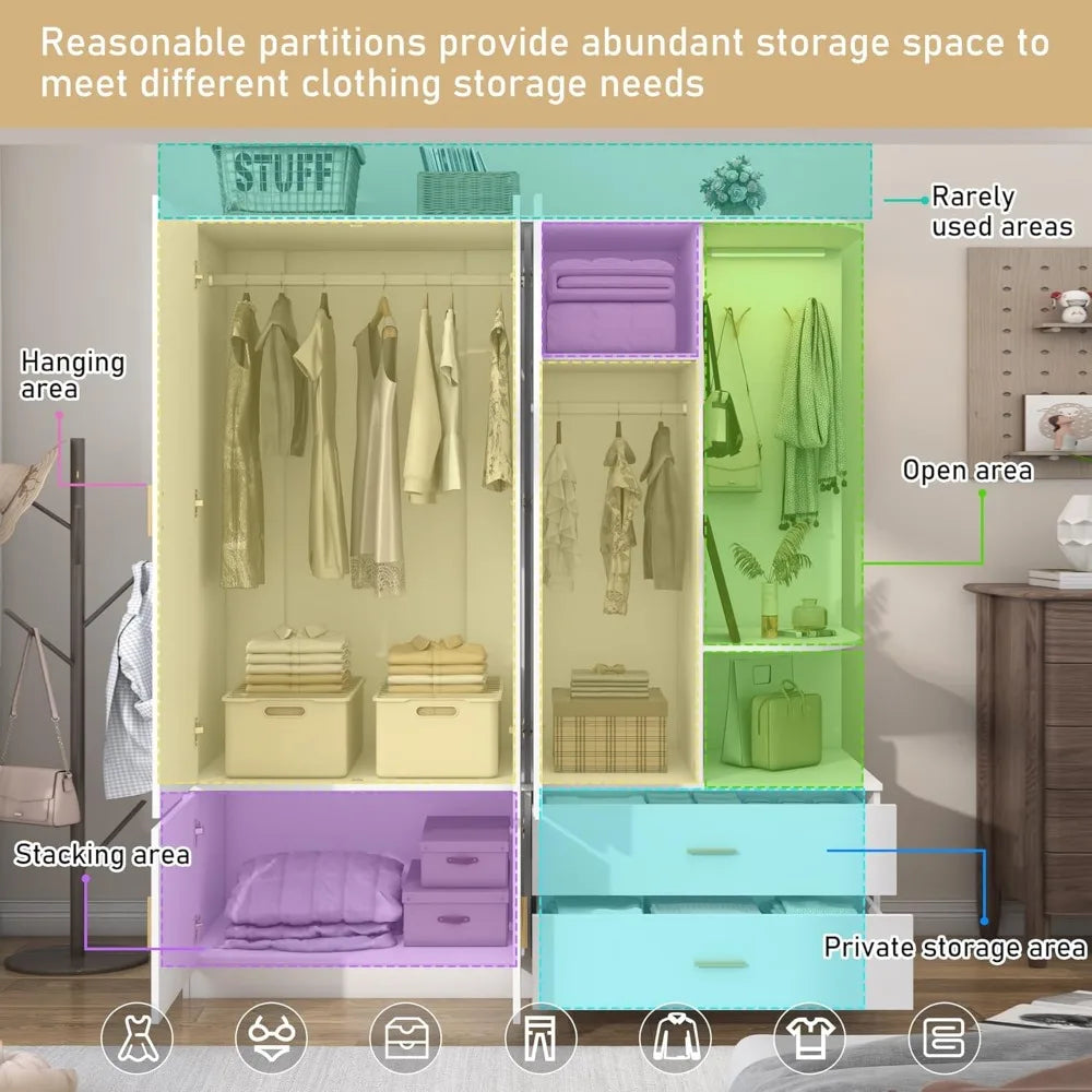 Wardrobe Closet with Mirror and Sensor Light, 5 Doors 2 Drawers