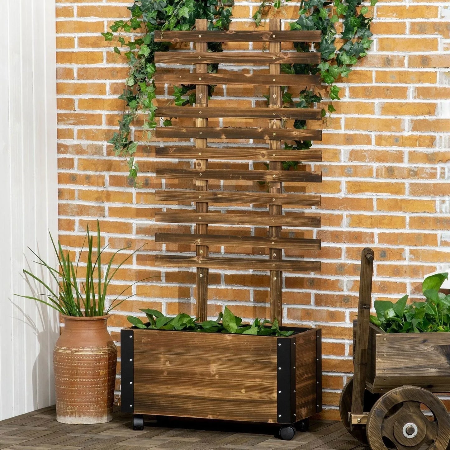 Raised Wooden Garden Trellis with Wheels