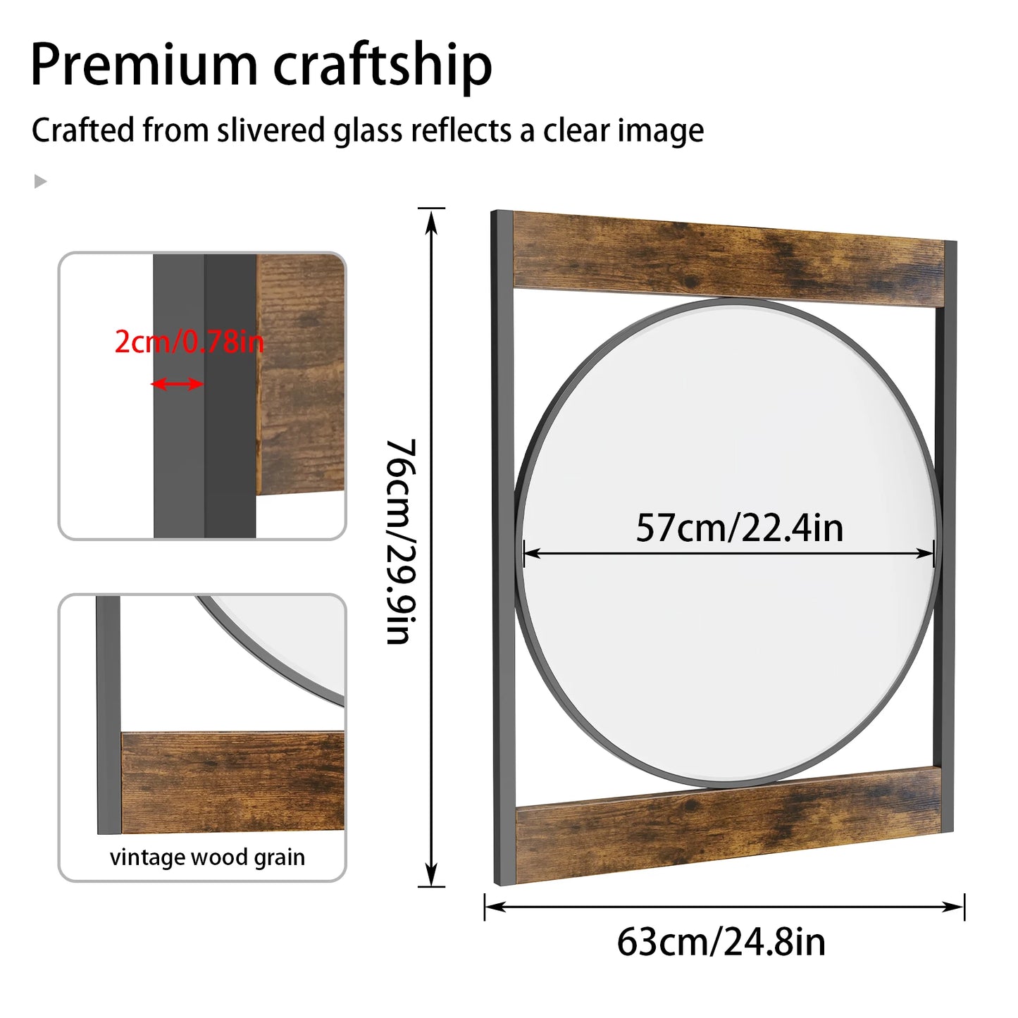 Industrial Wall Mounted Mirror, 63x76CM