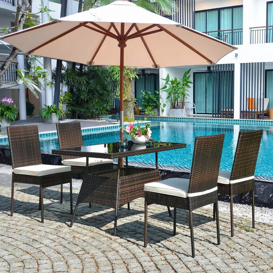 5 Piece Rattan Patio Dining Set with Tempered Glass Table